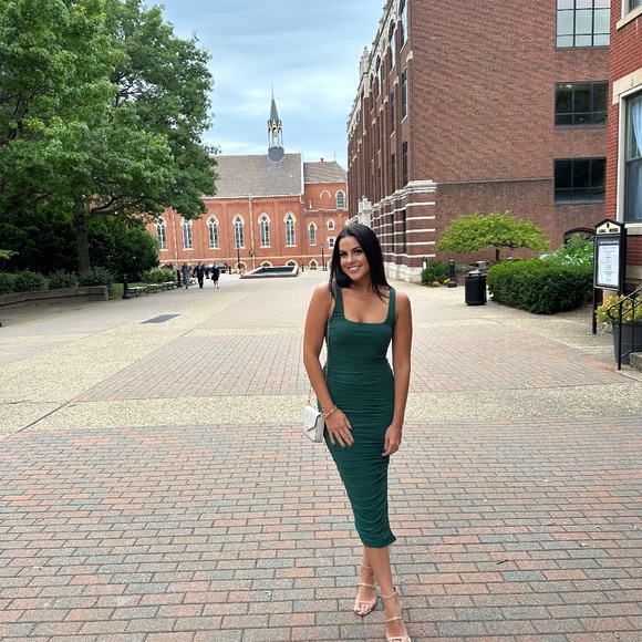Lulus Emerald Green Mesh Ruched Bodycon Midi Dress - Size S - Picture 1 of 3